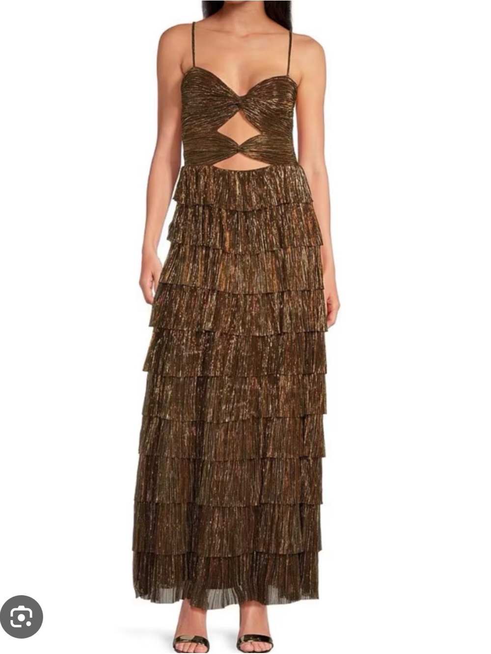 Gianni Bini Metallic Olive Green Tiered Cutout Maxi Dress